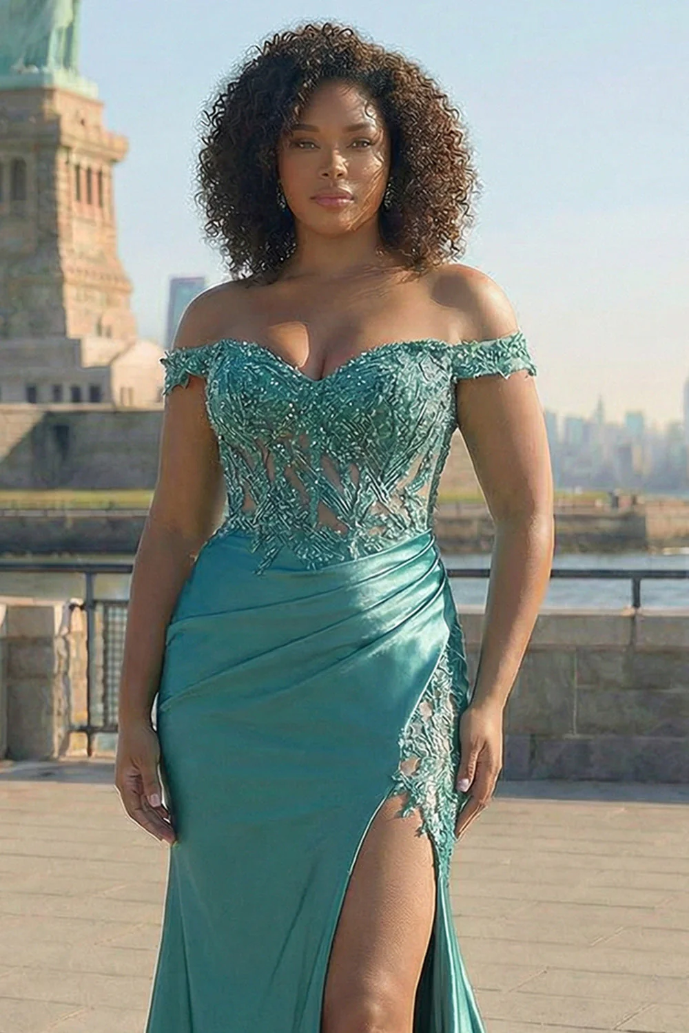 Ciemnozielona syrena z odkrytymi ramionami, długa satynowa sukienka na bal plus size z rozcięciem - Image 7