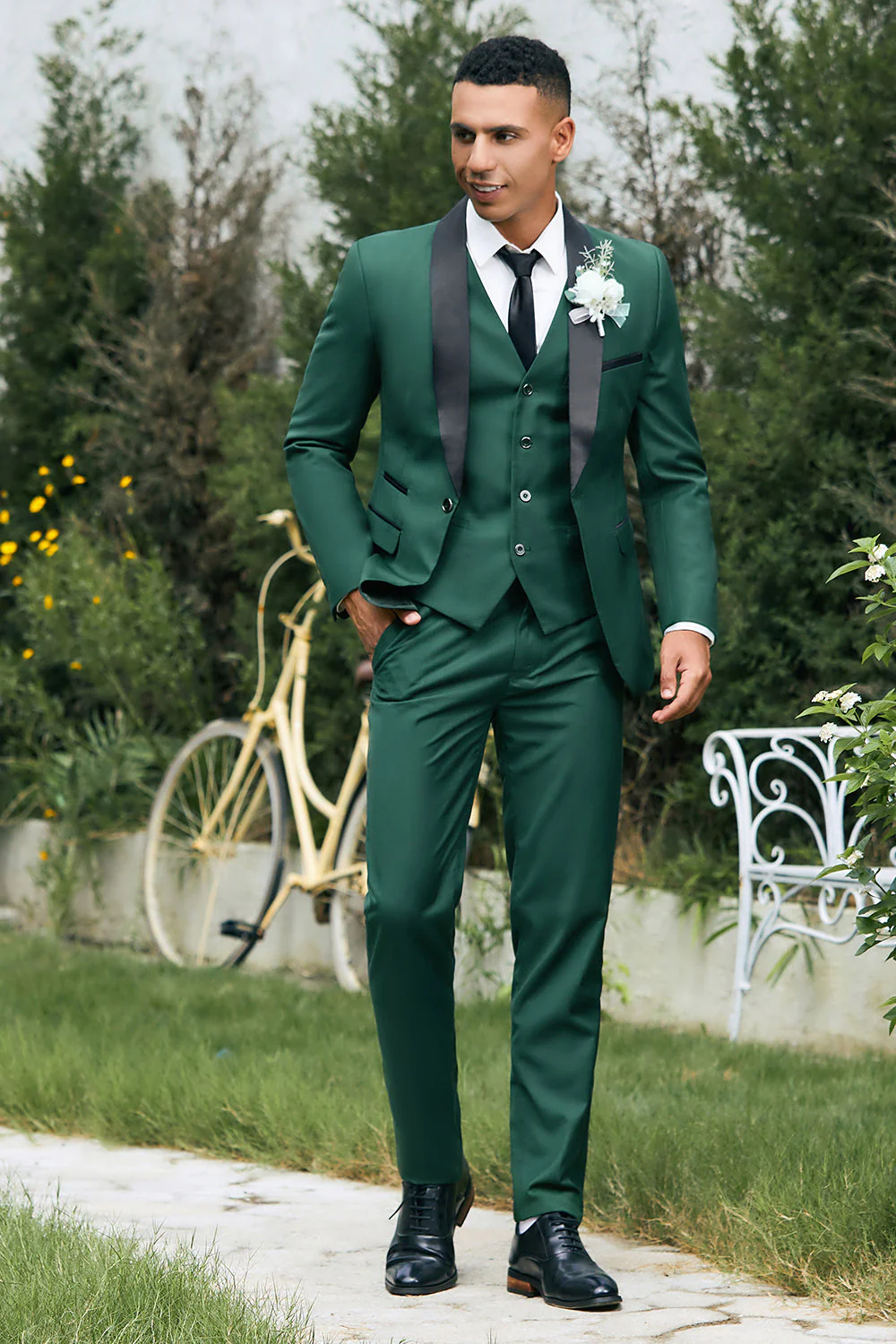 Ciemnozielony szal z klapami 3-częściowe garnitury męskie slim fit - Image 3