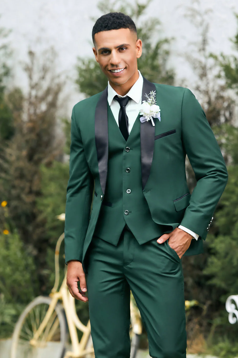 Ciemnozielony szal z klapami 3-częściowe garnitury męskie slim fit - Image 4