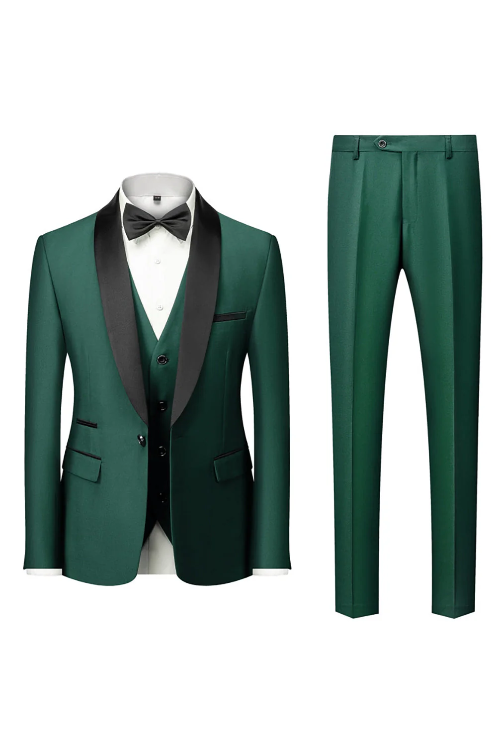 Ciemnozielony szal z klapami 3-częściowe garnitury męskie slim fit - Image 8