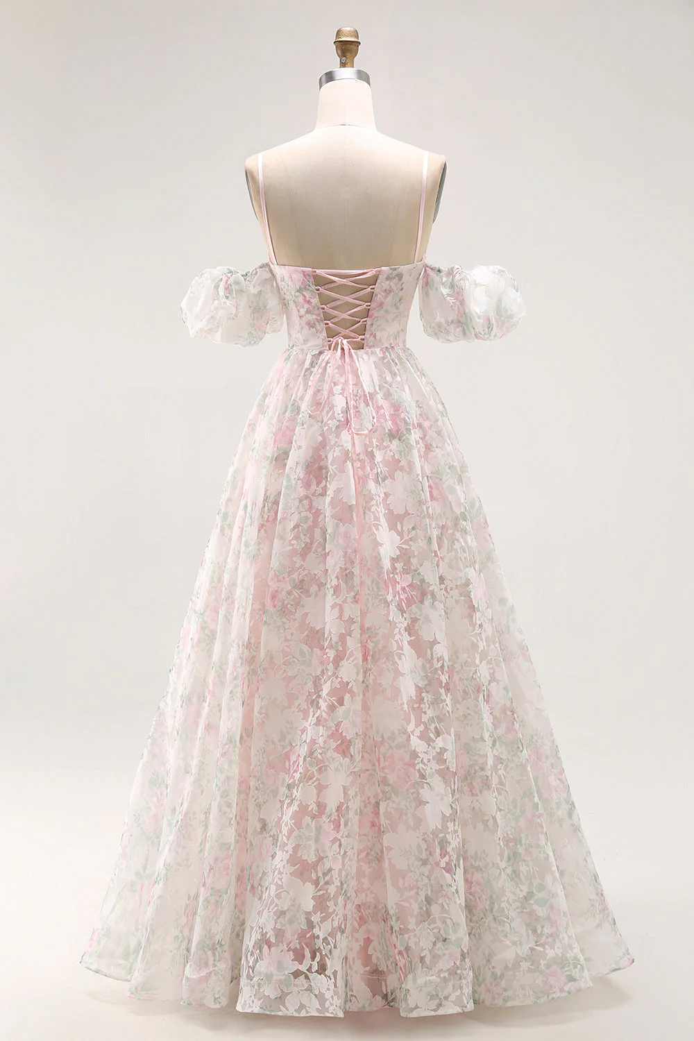 Cold Shoulder Blush Flower Printed A Line Długa Sukienka Na Studniówkę - Image 2