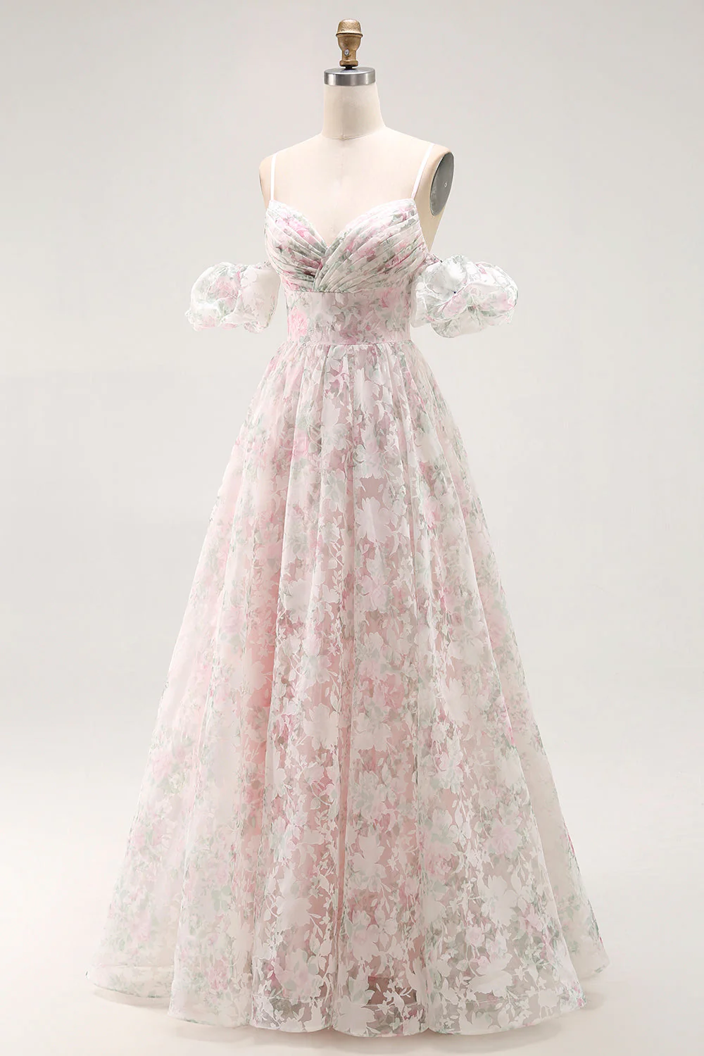 Cold Shoulder Blush Flower Printed A Line Długa Sukienka Na Studniówkę - Image 3