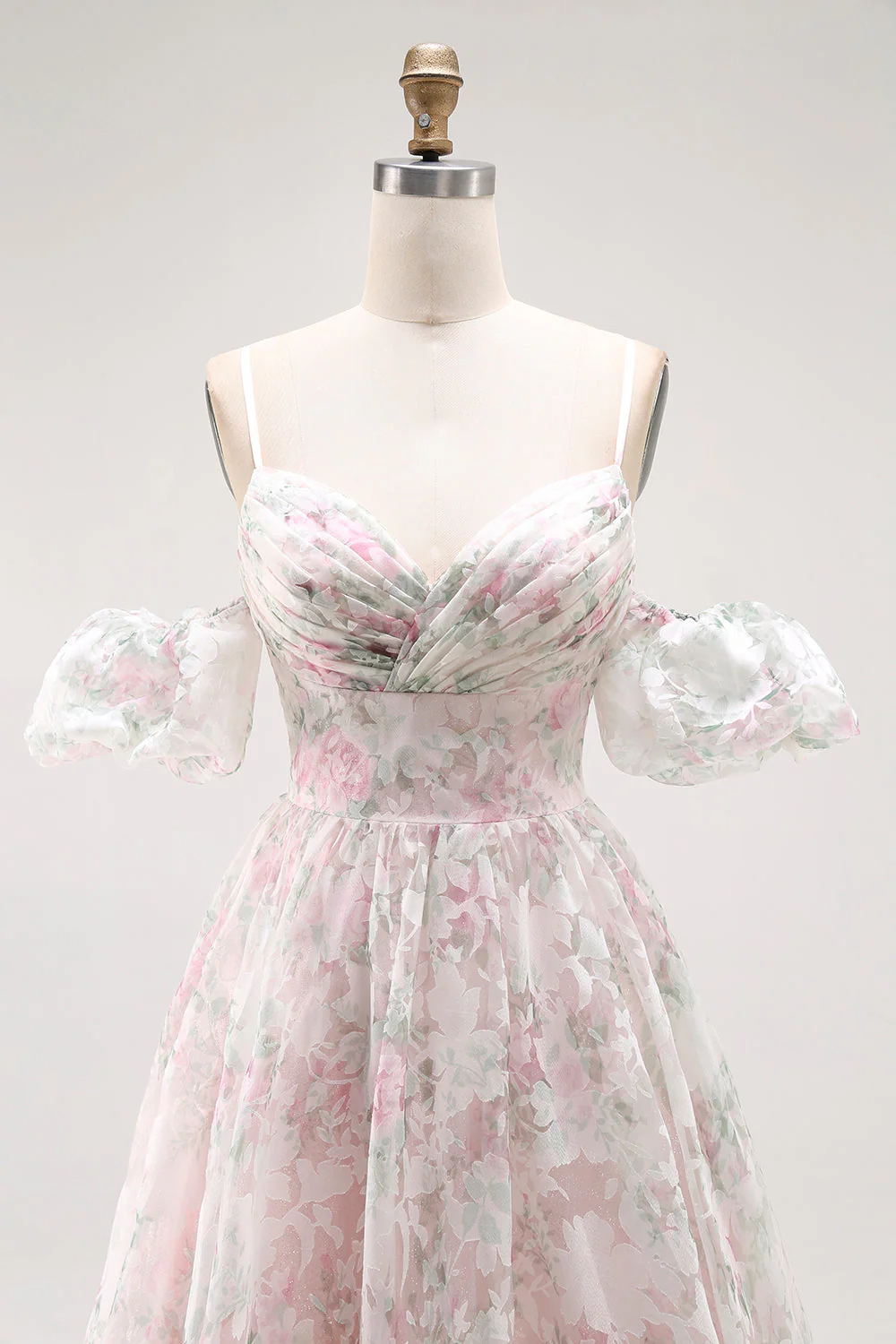 Cold Shoulder Blush Flower Printed A Line Długa Sukienka Na Studniówkę - Image 5