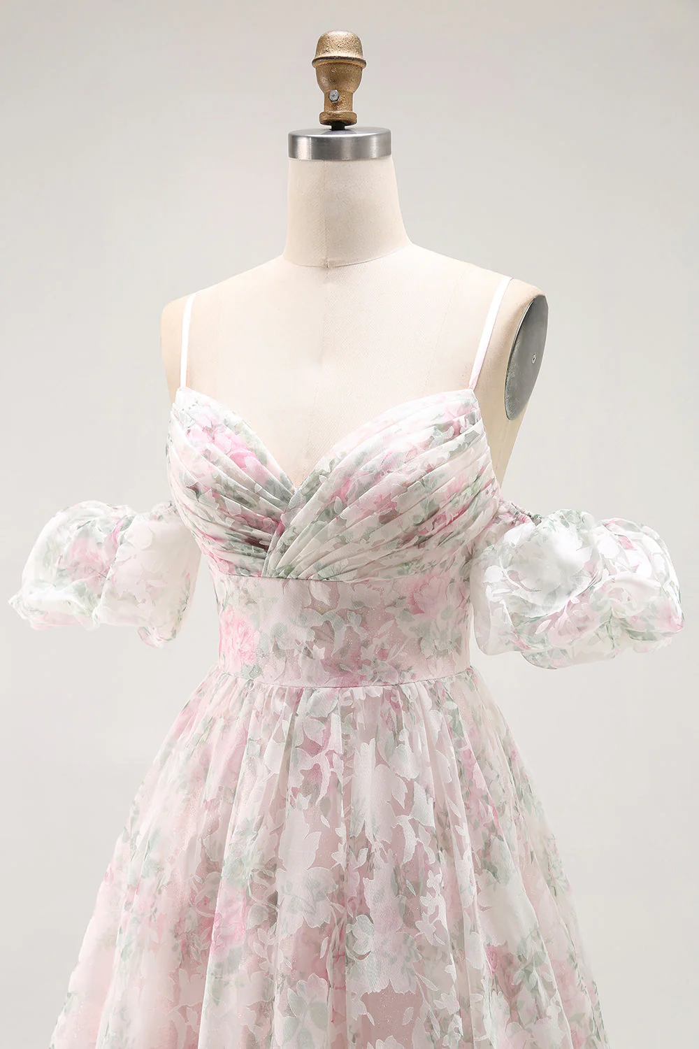 Cold Shoulder Blush Flower Printed A Line Długa Sukienka Na Studniówkę - Image 7