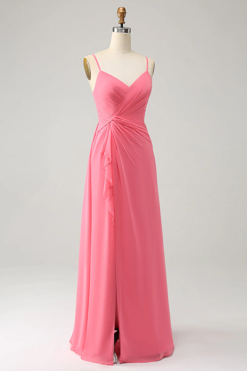 Coral A Line V Neck Spaghetti Ramiączka Szyfonowa Długa Sukienka Druhny Z Rozcięciem - Image 3