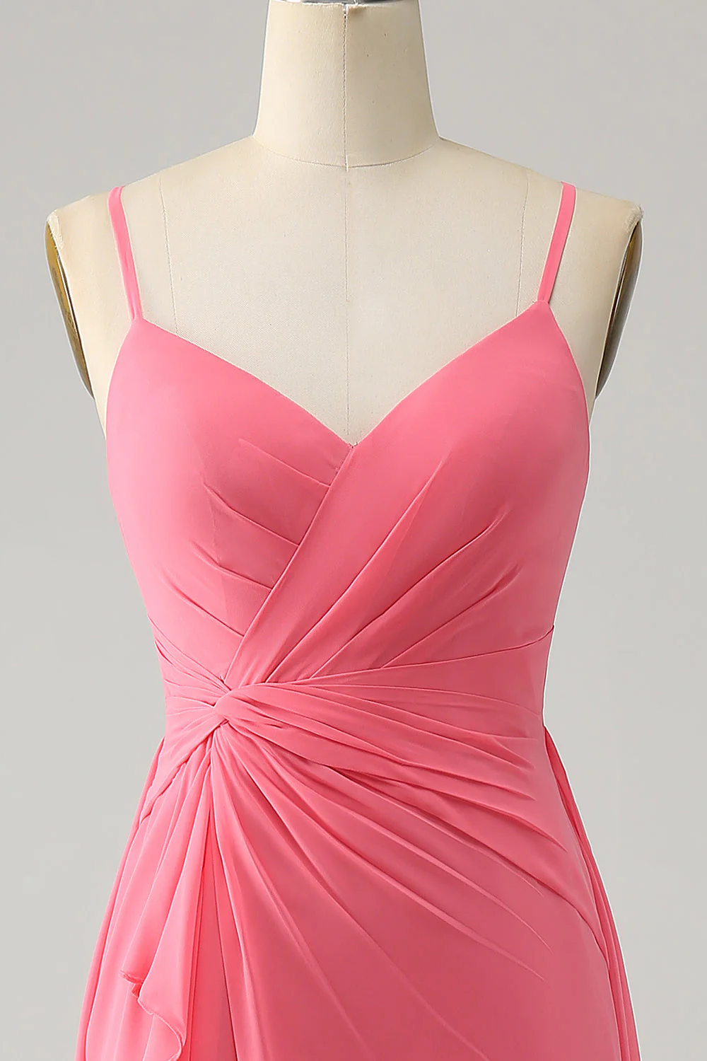 Coral A Line V Neck Spaghetti Ramiączka Szyfonowa Długa Sukienka Druhny Z Rozcięciem - Image 4