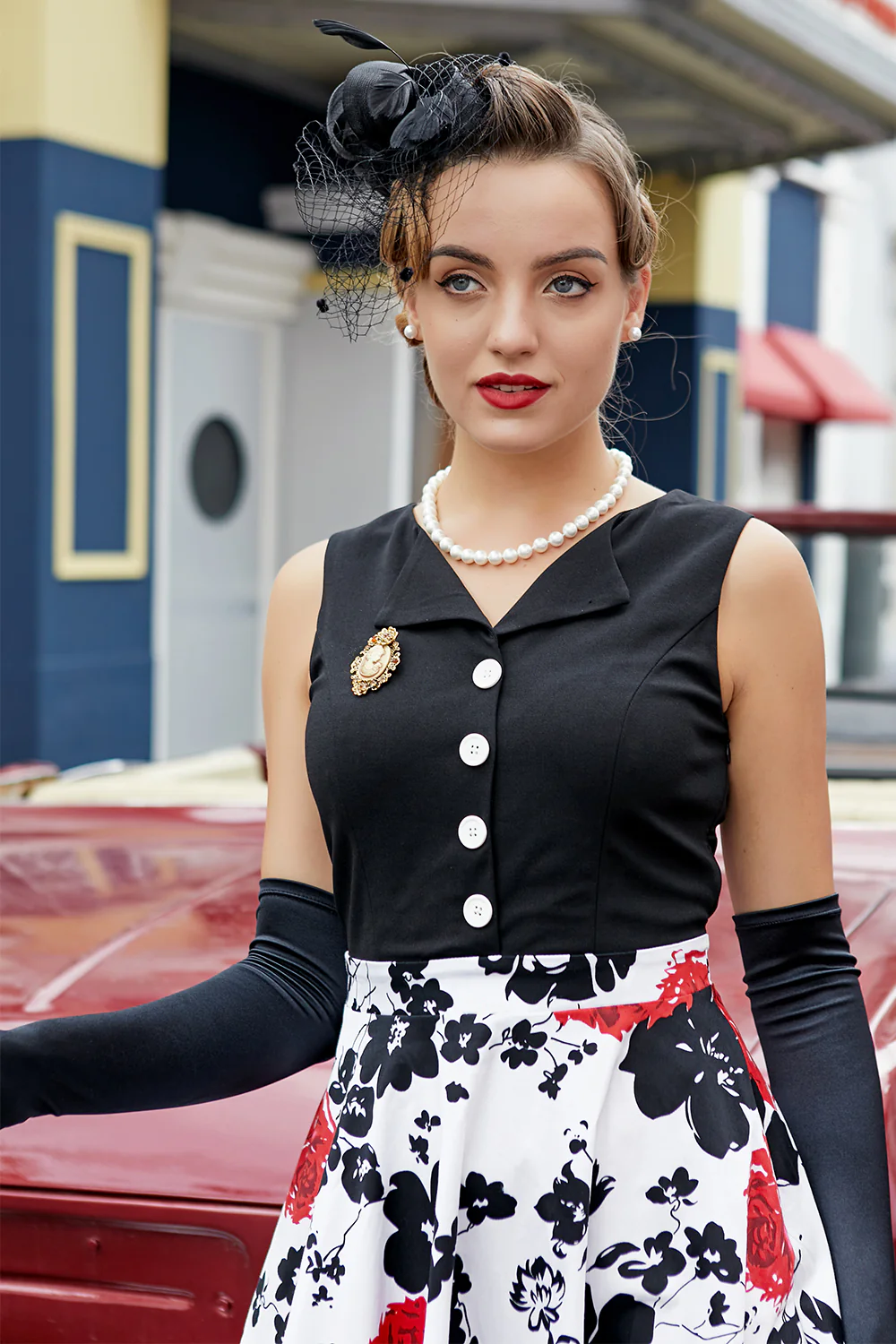 Czarna Sukienka z Nadrukiem w stylu Patchwork - Image 3
