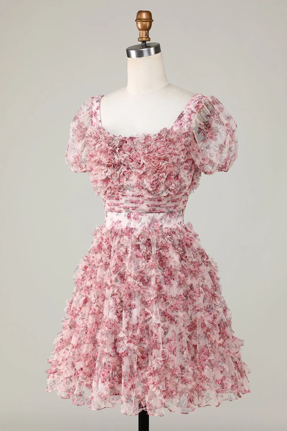 Cute A Line Floral Ivory Red Flower Homecoming Dress z marszczeniami - Image 3