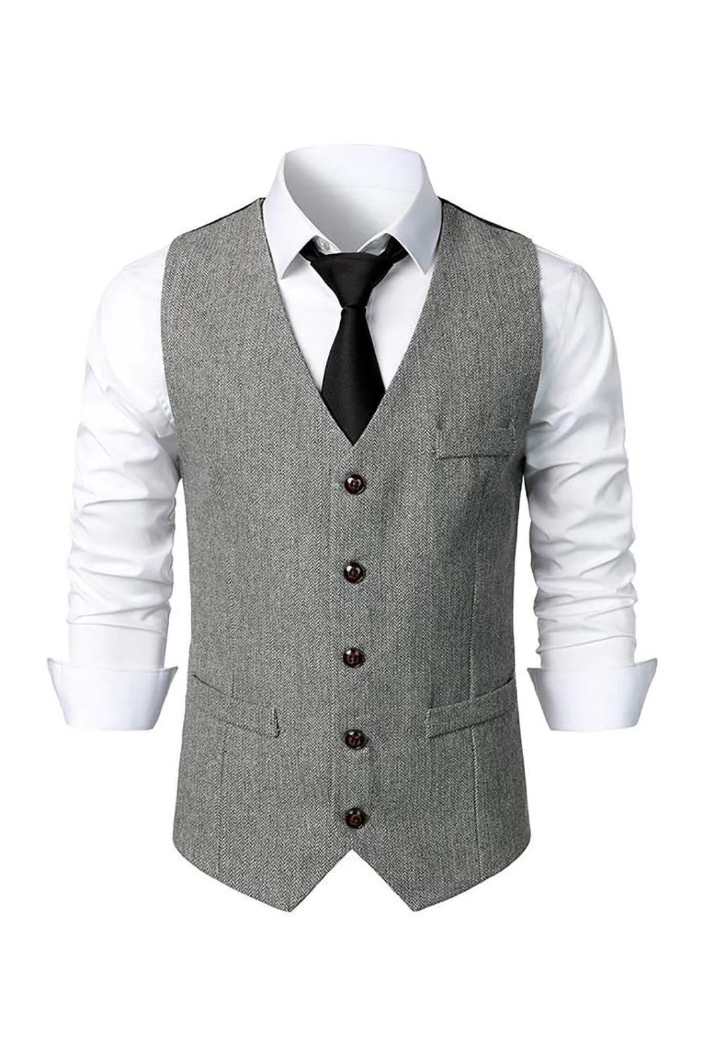 Czarna Jednorzędowa Męska Kamizelka Retro Na Co Dzień Z Dekoltem W Szpic - Image 6