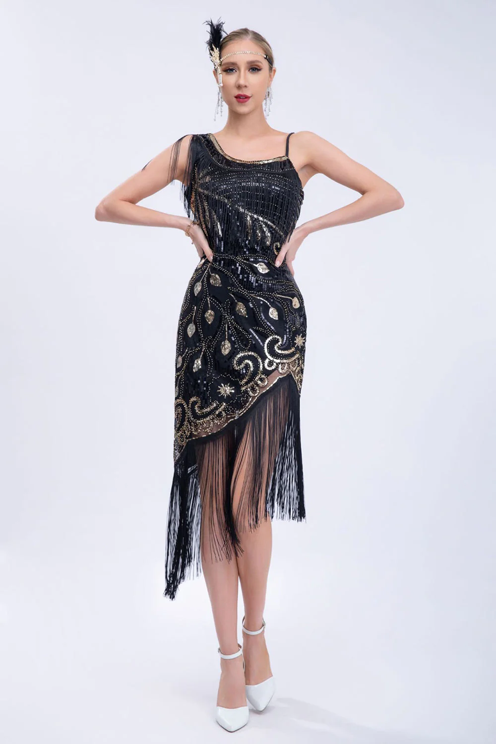 Czarna koralik Roaring 20s Gatsby Fringed Flapper Dress - Image 5