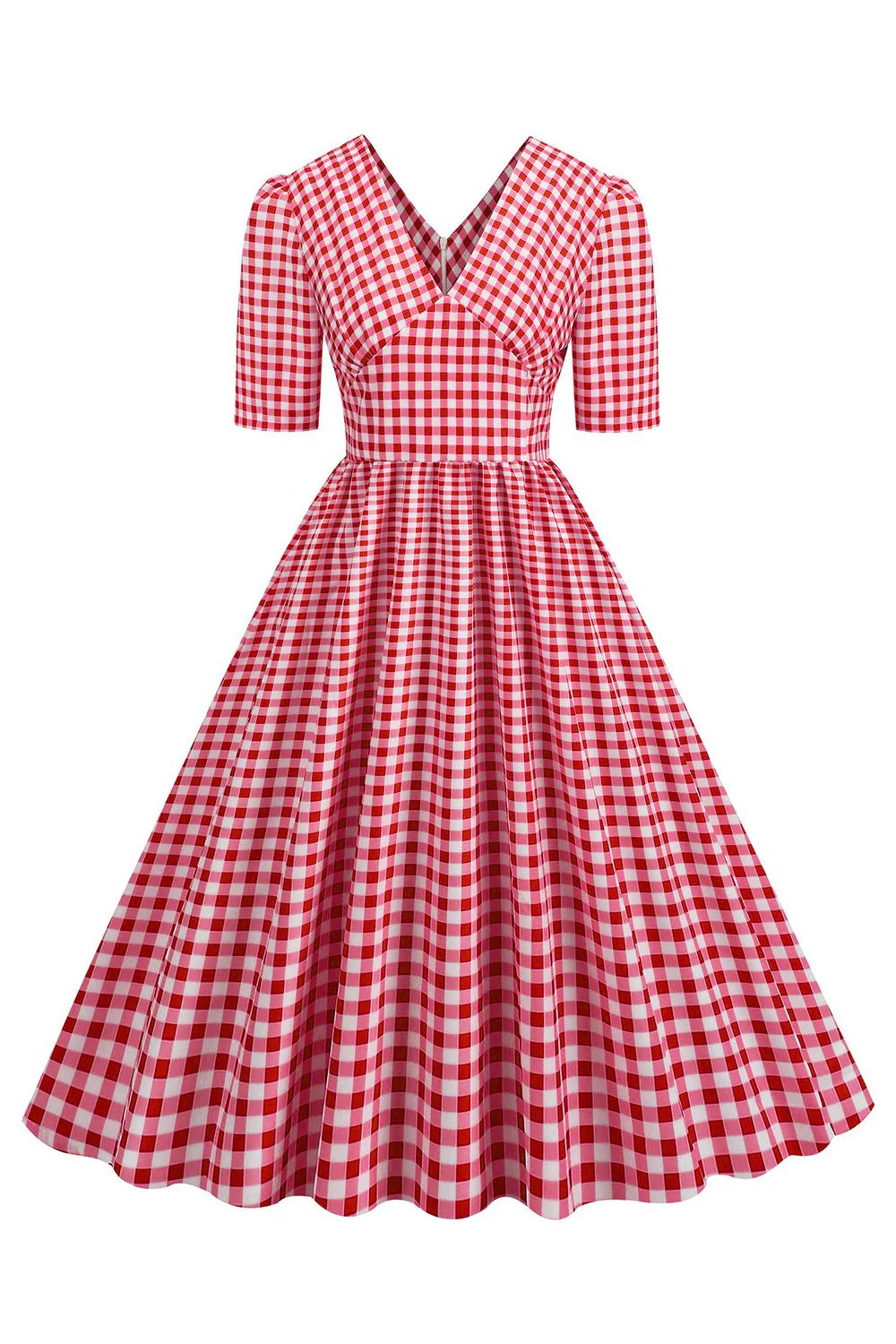 Czarna Kraciasta Sukienka Lata 50 Z Krótkim Rękawem Z Dekoltem - Image 7