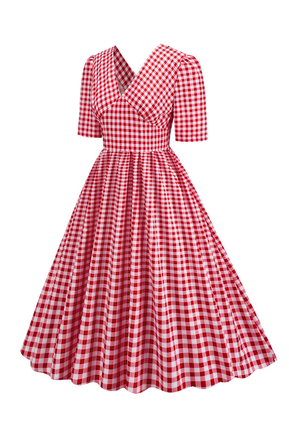Czarna Kraciasta Sukienka Lata 50 Z Krótkim Rękawem Z Dekoltem - Image 8