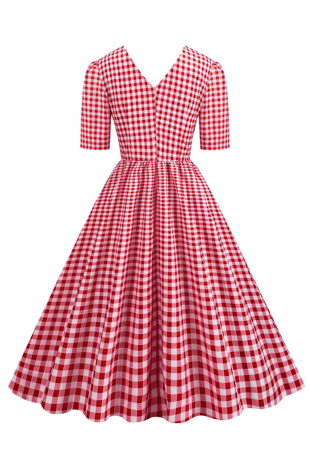 Czarna Kraciasta Sukienka Lata 50 Z Krótkim Rękawem Z Dekoltem - Image 9