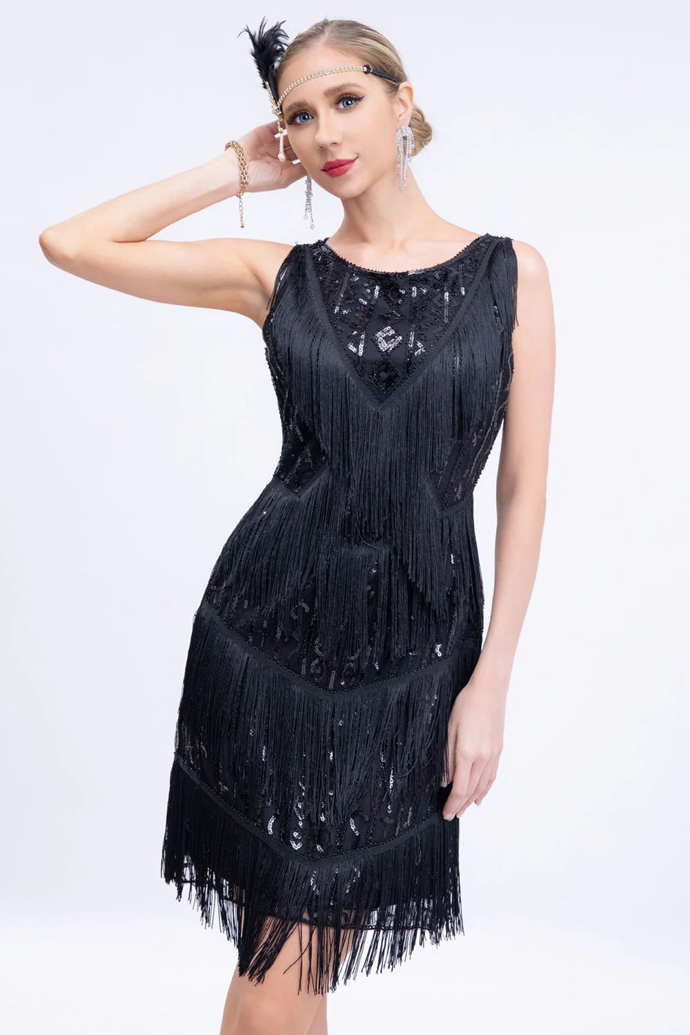 Czarna Sukienka Lata 20 Wielki Gatsby z cekinami z Zestawem Akcesoria Lata 20 - Image 5