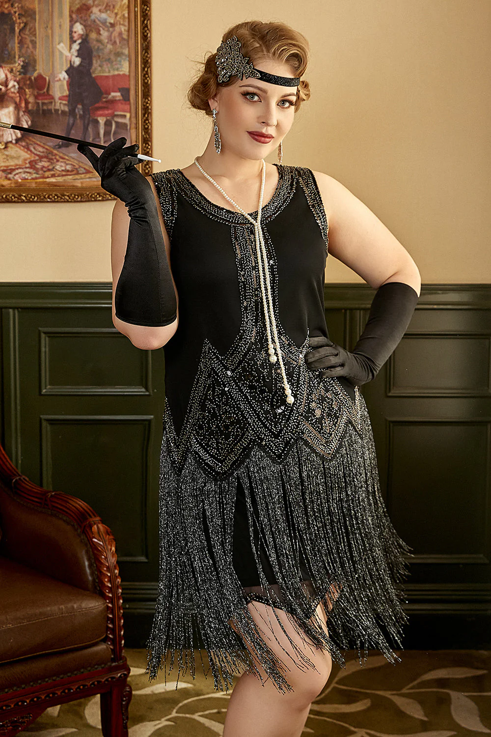 Czarna Sukienki Flapper Dla Puszystychz z Frędzlami - Image 5