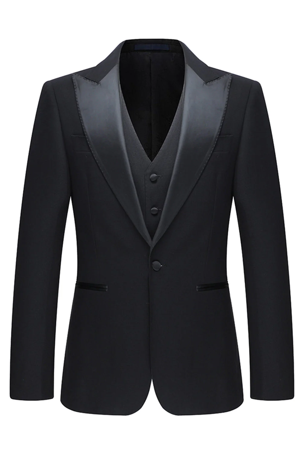 Czarne 3-częściowe męskie garnitury ślubne z klapami w kształcie szpiku slim fit - Image 2