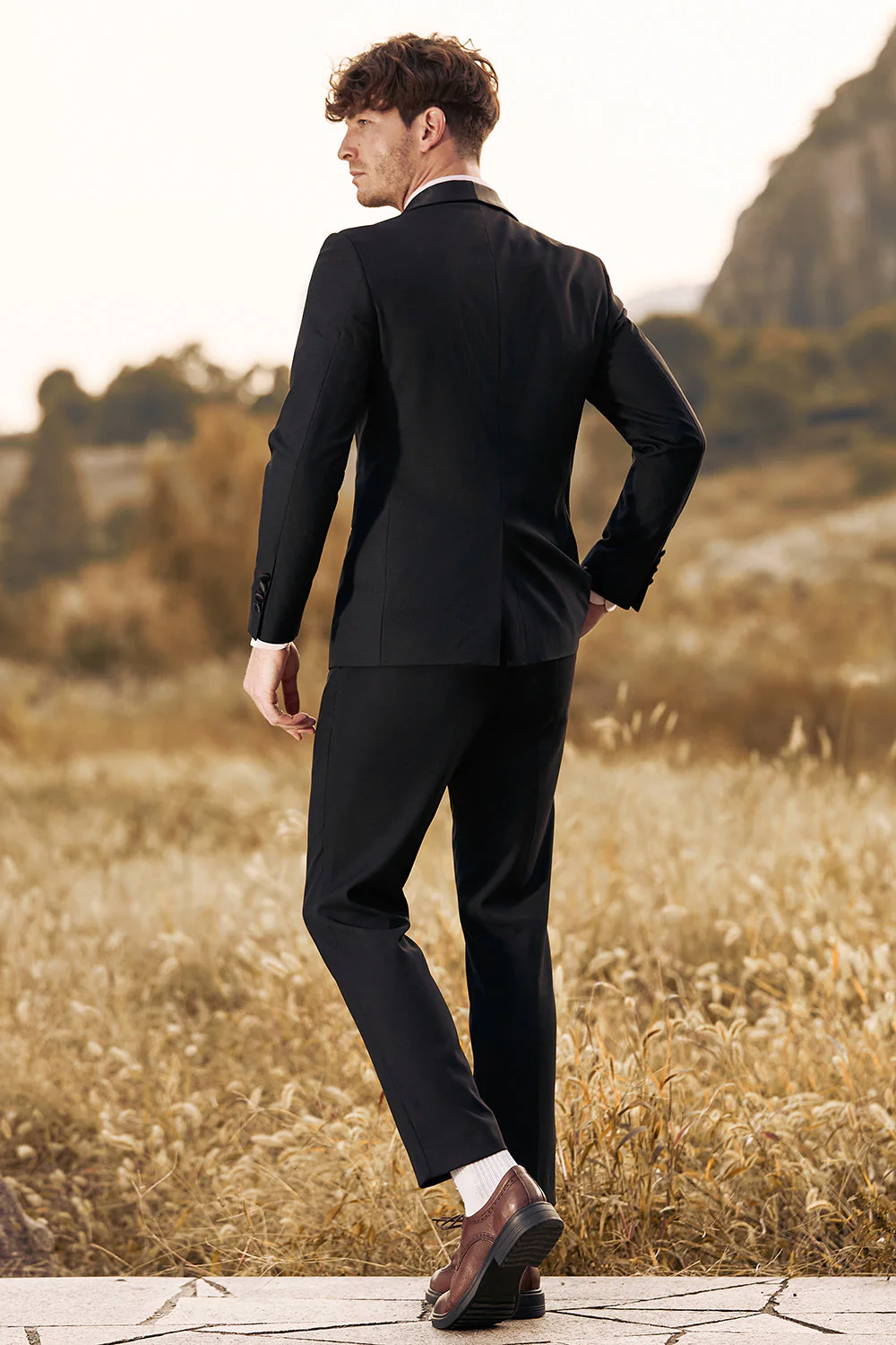 Czarne 3-częściowe szalowe klapy Slim Fit męskie garnitury - Image 2
