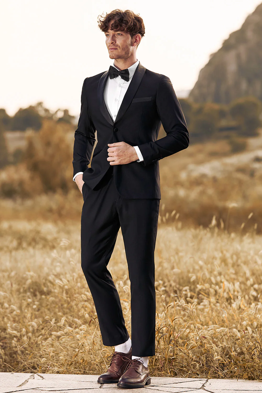 Czarne 3-częściowe szalowe klapy Slim Fit męskie garnitury - Image 3