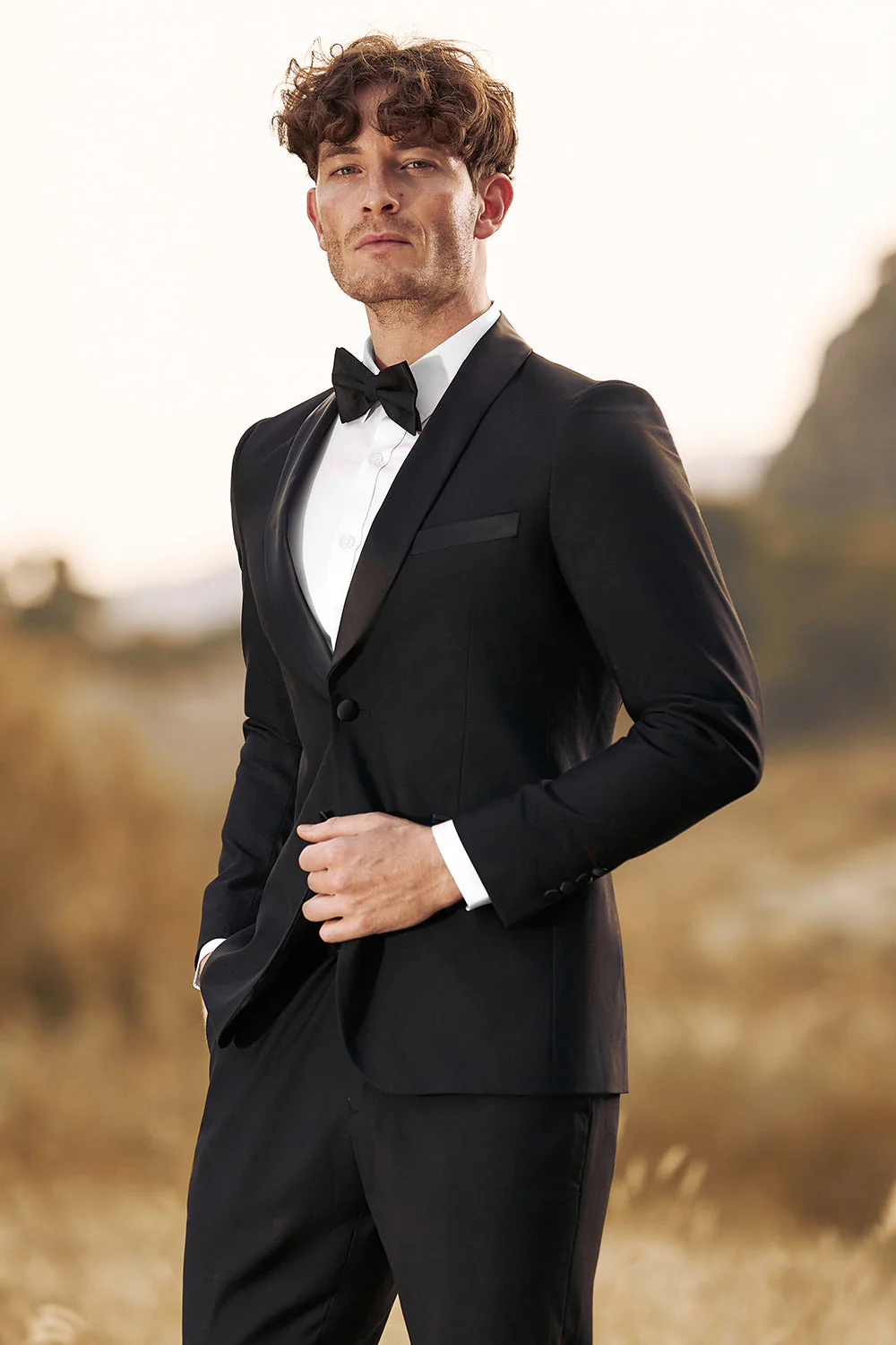 Czarne 3-częściowe szalowe klapy Slim Fit męskie garnitury - Image 5