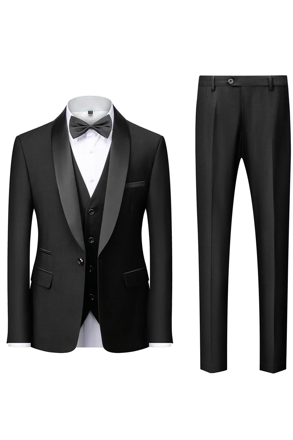 Czarne 3-częściowe szalowe klapy Slim Fit męskie garnitury - Image 7