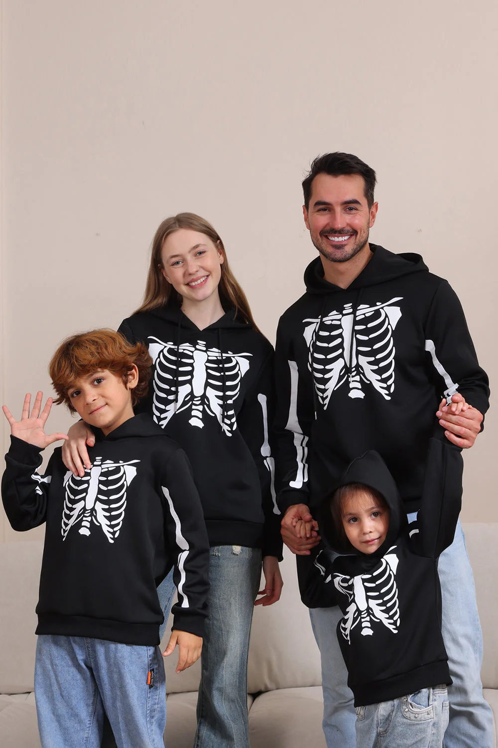 Czarne Bluzy Rodzinne Z Kapturem Na Halloween Skeleton - Image 13