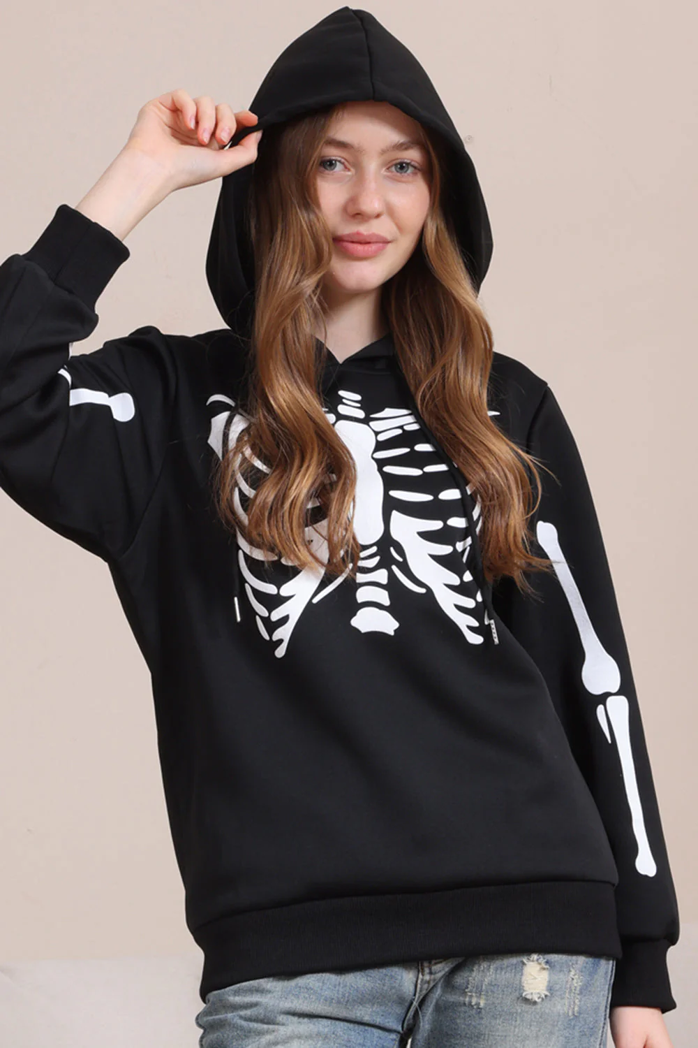 Czarne Bluzy Rodzinne Z Kapturem Na Halloween Skeleton - Image 3