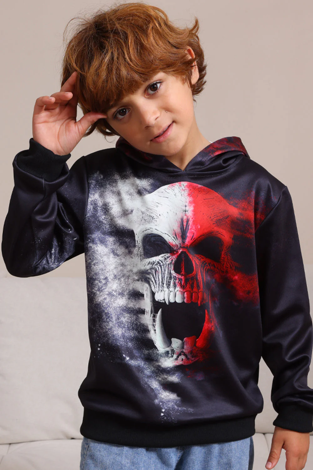 Czarne Bluzy Z Kapturem Z Nadrukiem Szkieletu Na Halloween - Image 3