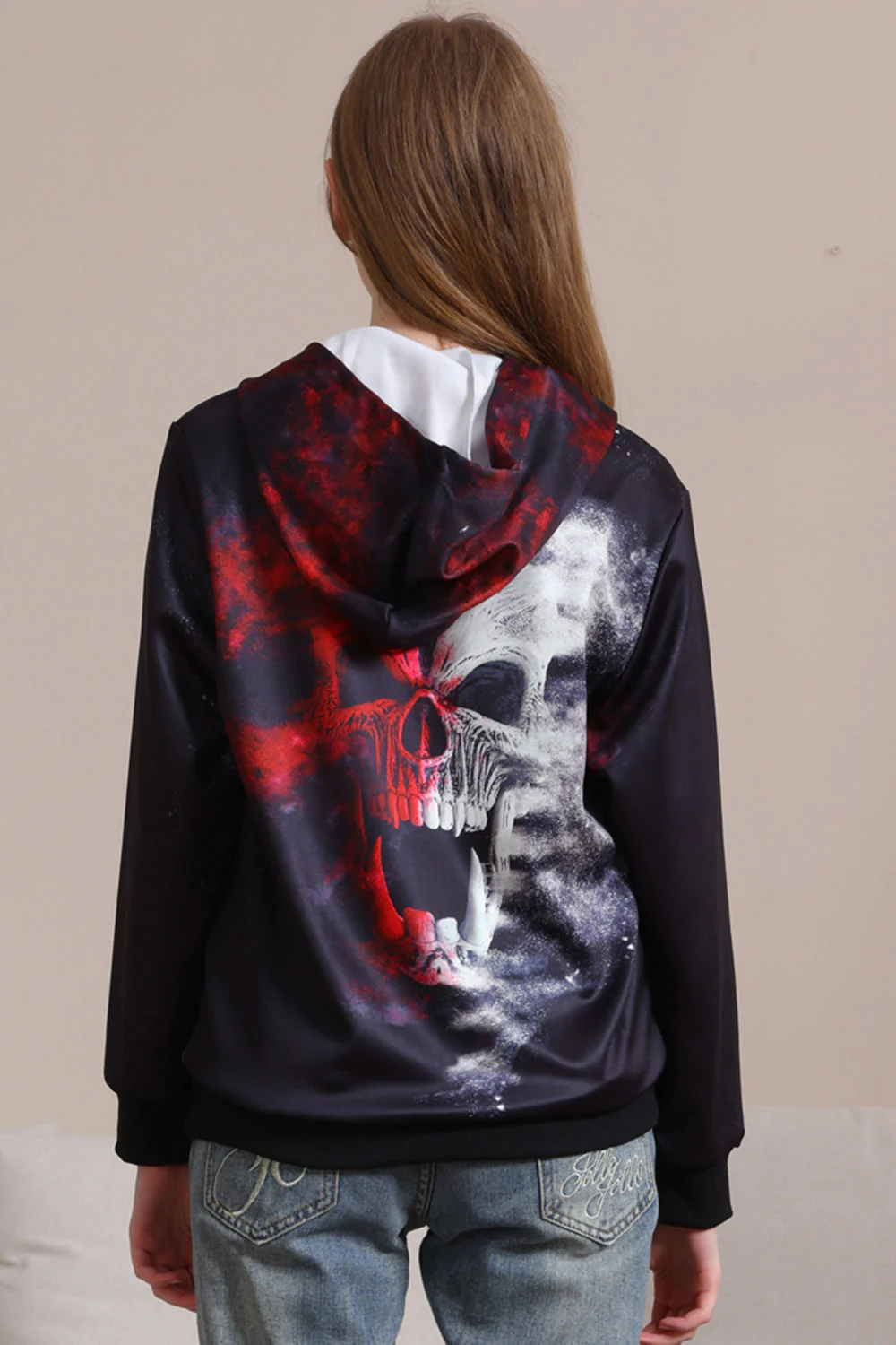 Czarne Bluzy Z Kapturem Z Nadrukiem Szkieletu Na Halloween - Image 4