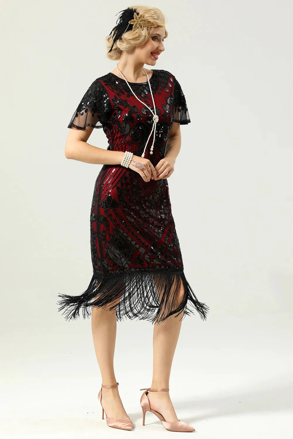 Czarne Czerwone Cekiny Frędzle Rękawy Sukienka Flapper z Akcesoriami Zestaw - Image 5