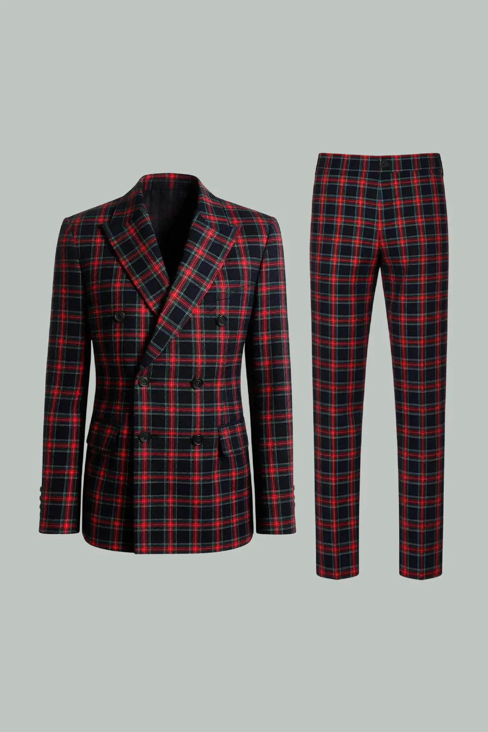 Czarne czerwone kratki Peak Lapel dwurzędowe 2-częściowe męskie garnitury na studniówkę - Image 10