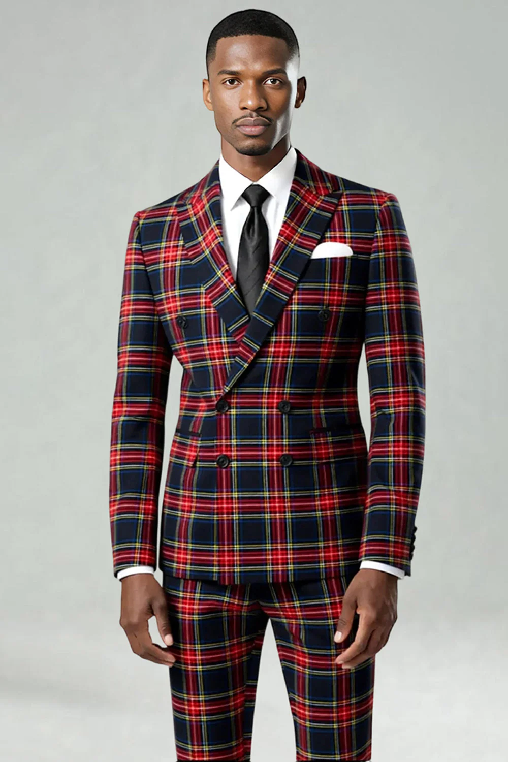 Czarne czerwone kratki Peak Lapel dwurzędowe 2-częściowe męskie garnitury na studniówkę - Image 2