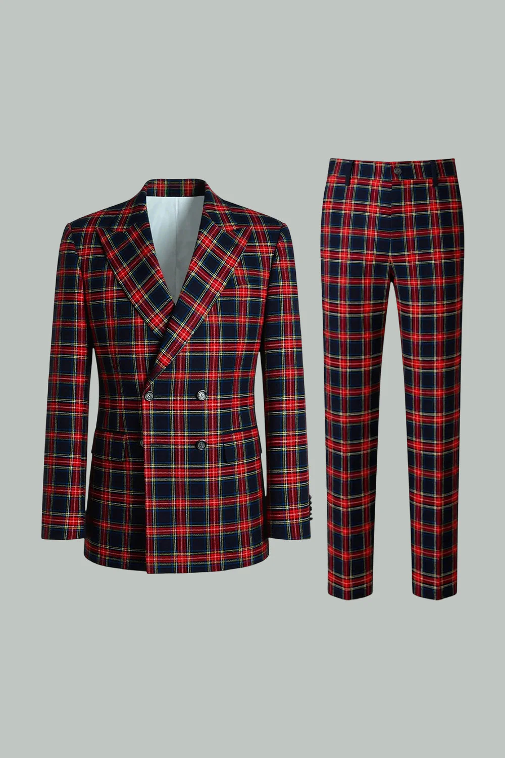 Czarne czerwone kratki Peak Lapel dwurzędowe 2-częściowe męskie garnitury na studniówkę - Image 3