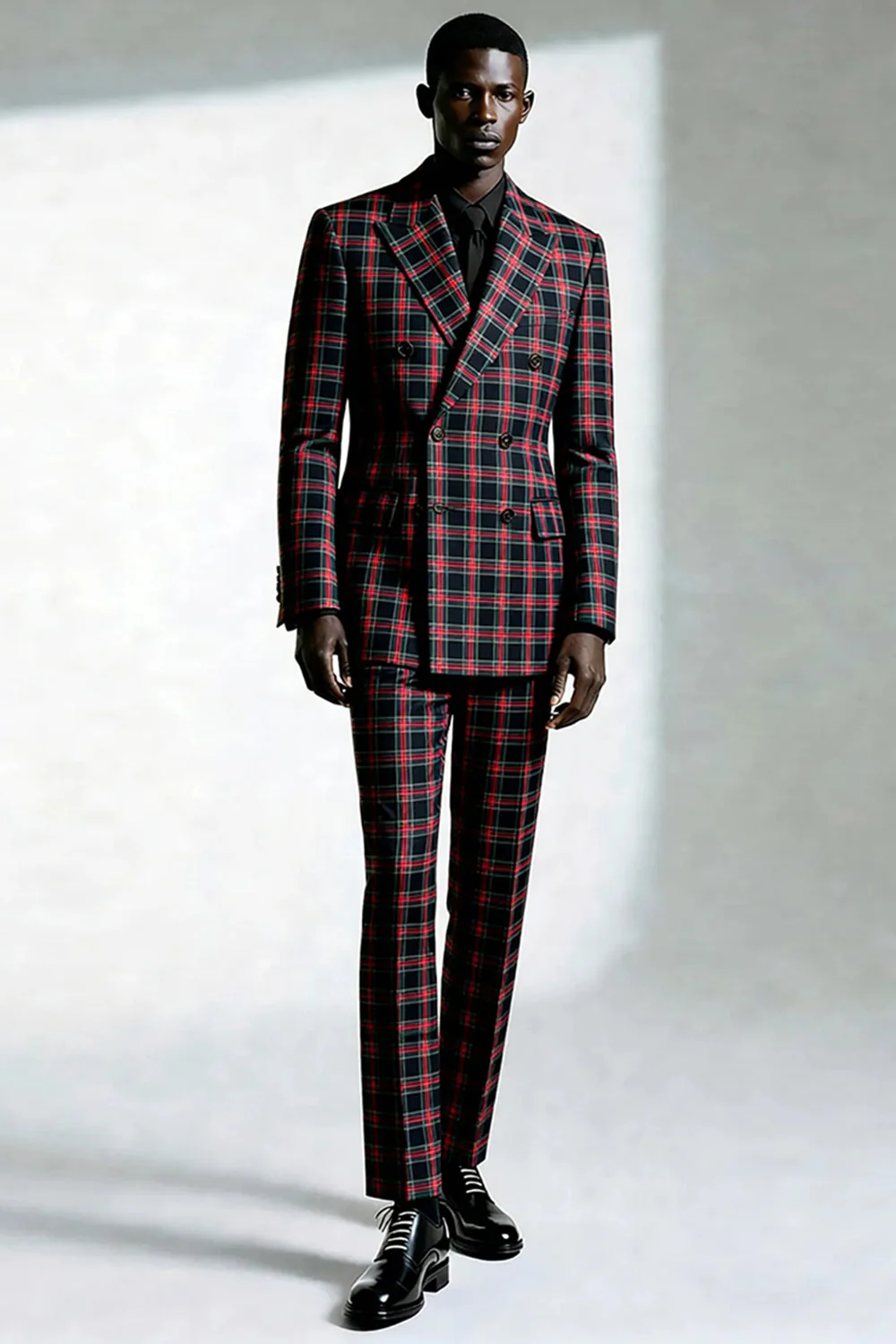 Czarne czerwone kratki Peak Lapel dwurzędowe 2-częściowe męskie garnitury na studniówkę - Image 9