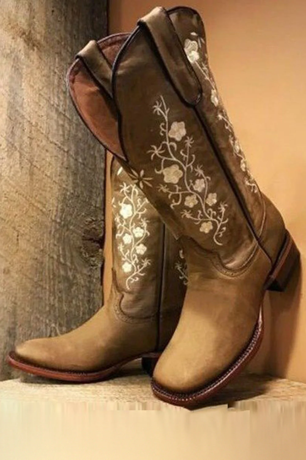 Czarne Haftowane Chunky Heel Mid Łydka Western Buty - Image 2