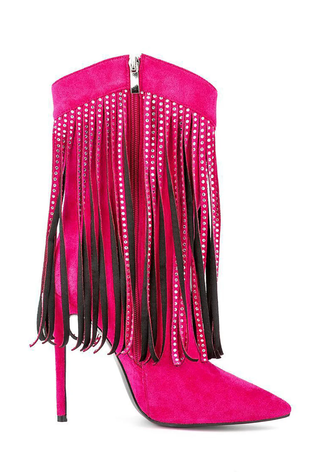 Czarne Zamszowe Rhinestone Szpilki Z Frędzlami Botki - Image 10