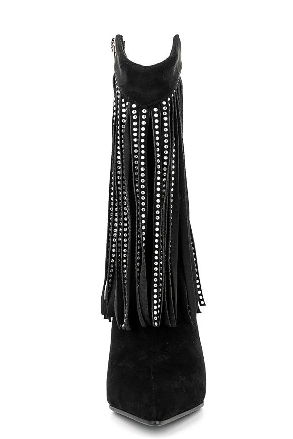 Czarne Zamszowe Rhinestone Szpilki Z Frędzlami Botki - Image 2