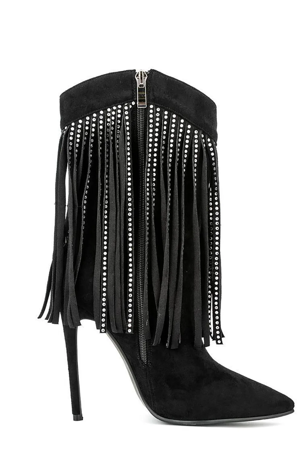 Czarne Zamszowe Rhinestone Szpilki Z Frędzlami Botki - Image 4