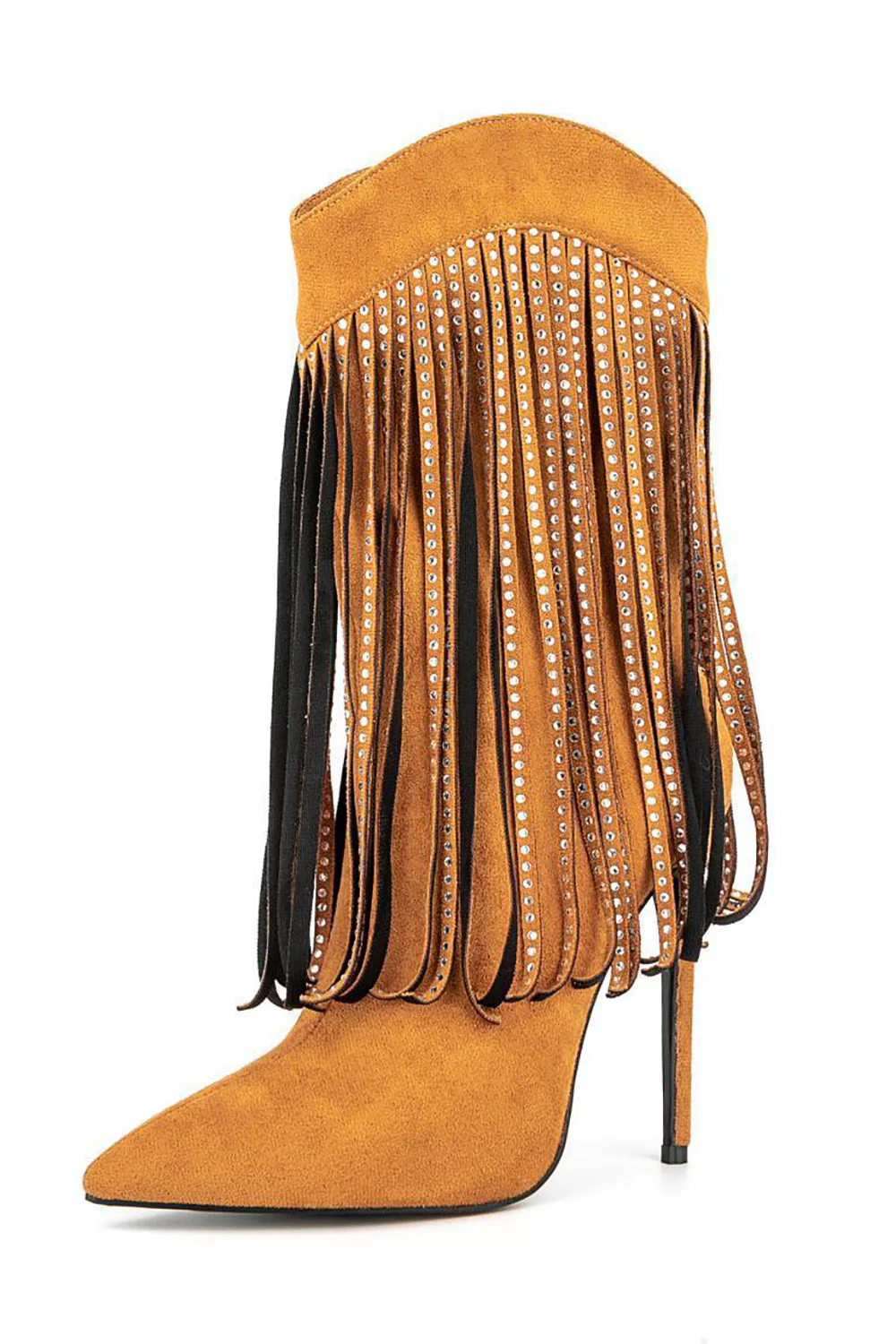 Czarne Zamszowe Rhinestone Szpilki Z Frędzlami Botki - Image 5