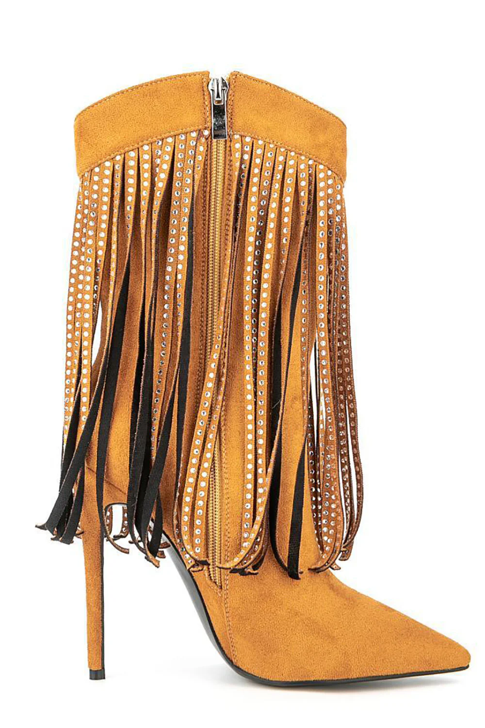 Czarne Zamszowe Rhinestone Szpilki Z Frędzlami Botki - Image 7