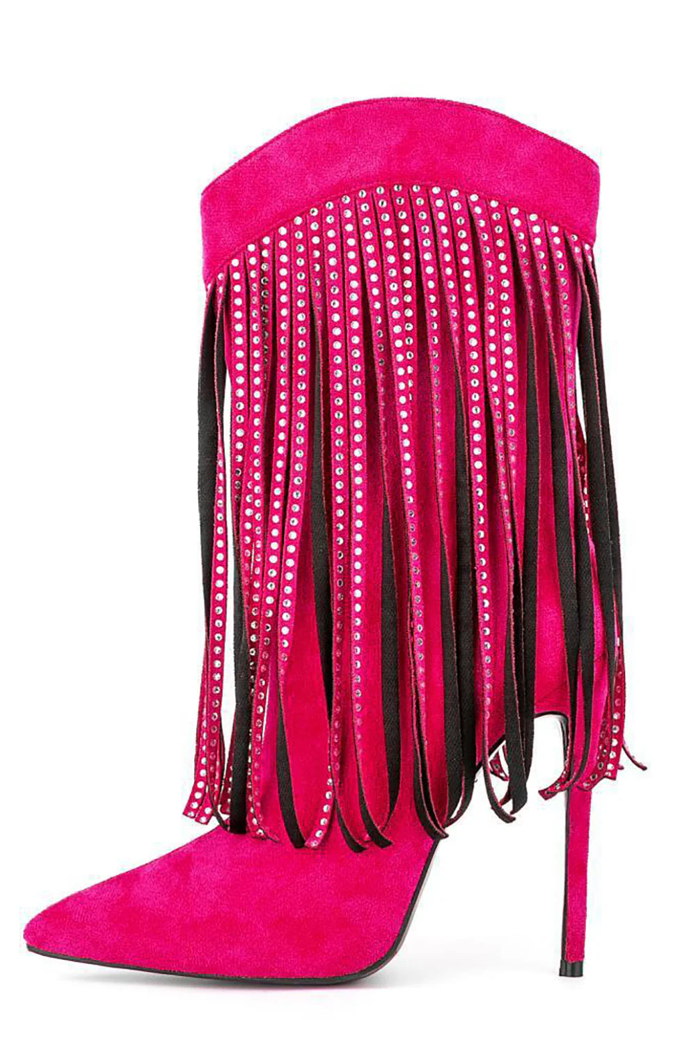 Czarne Zamszowe Rhinestone Szpilki Z Frędzlami Botki - Image 8