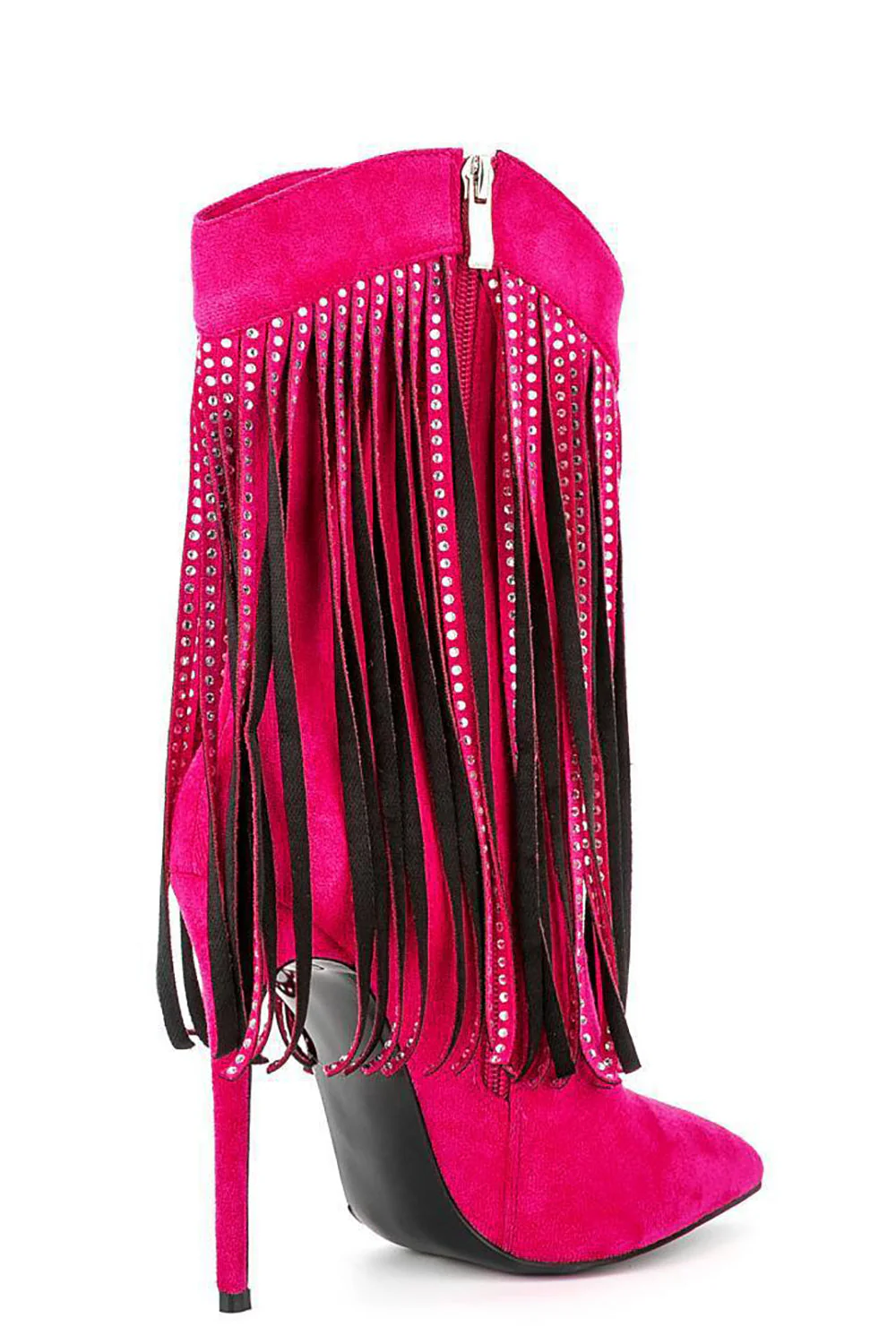 Czarne Zamszowe Rhinestone Szpilki Z Frędzlami Botki - Image 9