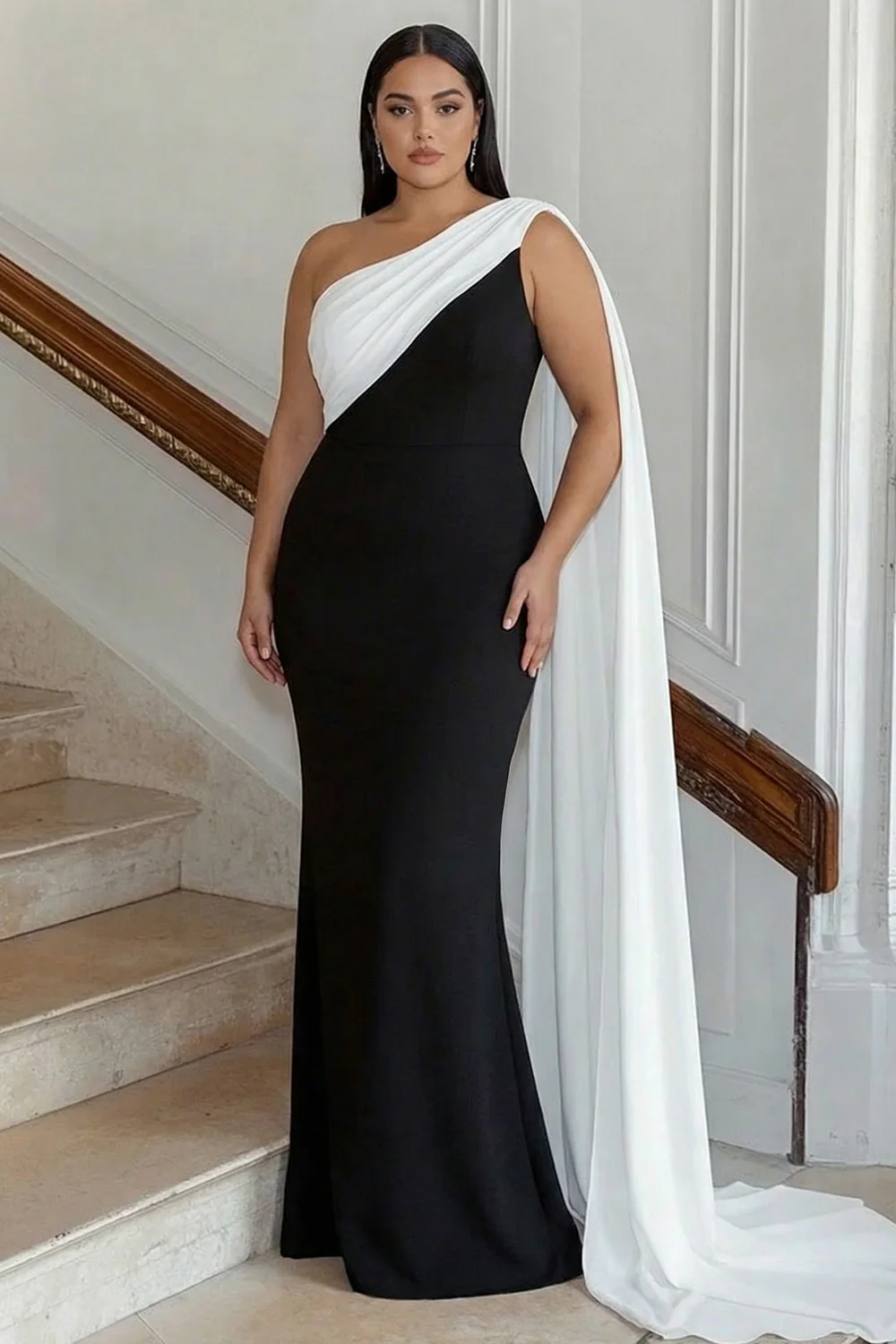 Czarny Biały Osłona Na Jedno Ramię Długa Sukienki Wieczorowe z Peleryna - Image 5