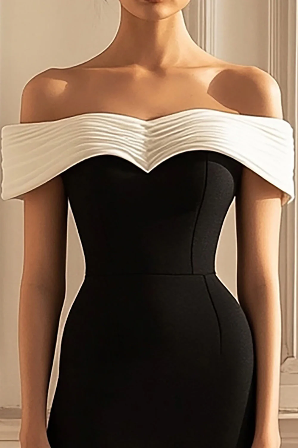 Czarno-biała krótka sukienka z odkrytymi ramionami bodycon - Image 2