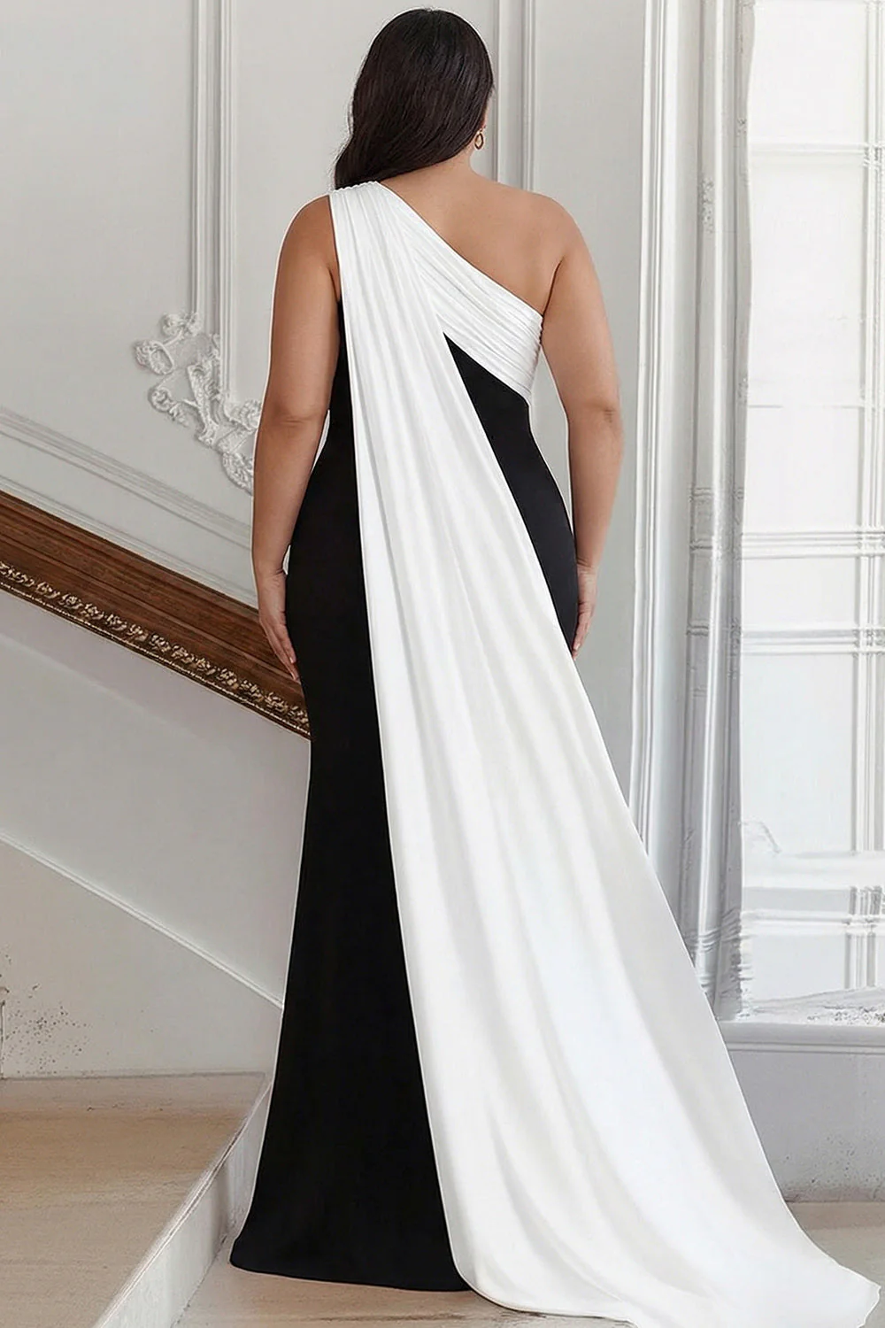 Czarno-biała pochwa na jedno ramię, długa formalna sukienka plus size z wstęgą - Image 2