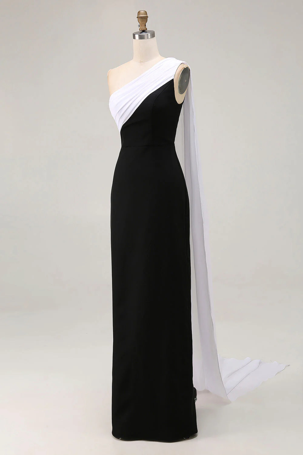 Czarno-biała pochwa na jedno ramię, długa formalna sukienka plus size z wstęgą - Image 7