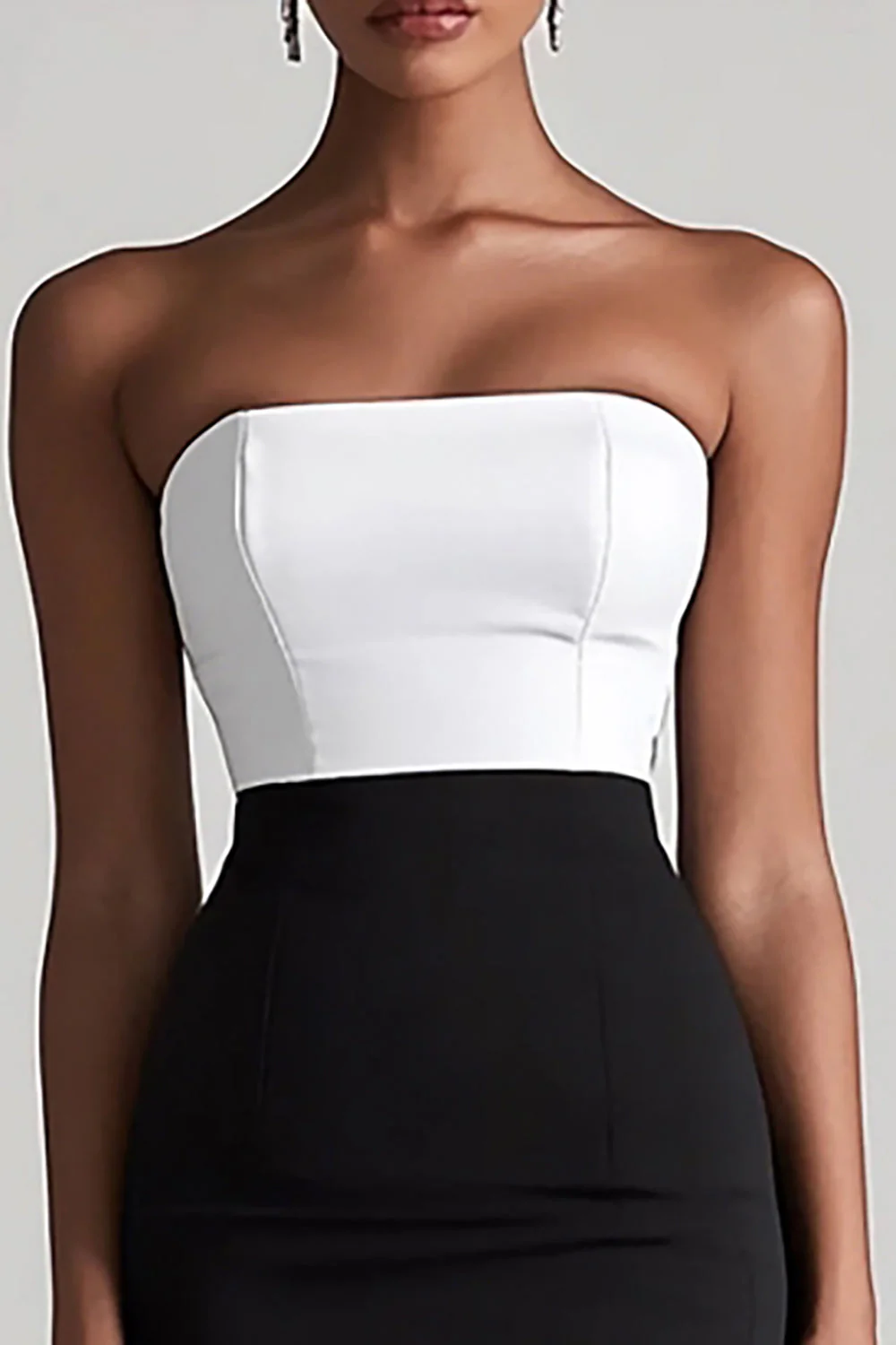 Czarno-biała satynowa sukienka Bodycon Midi z rozcięciem - Image 2