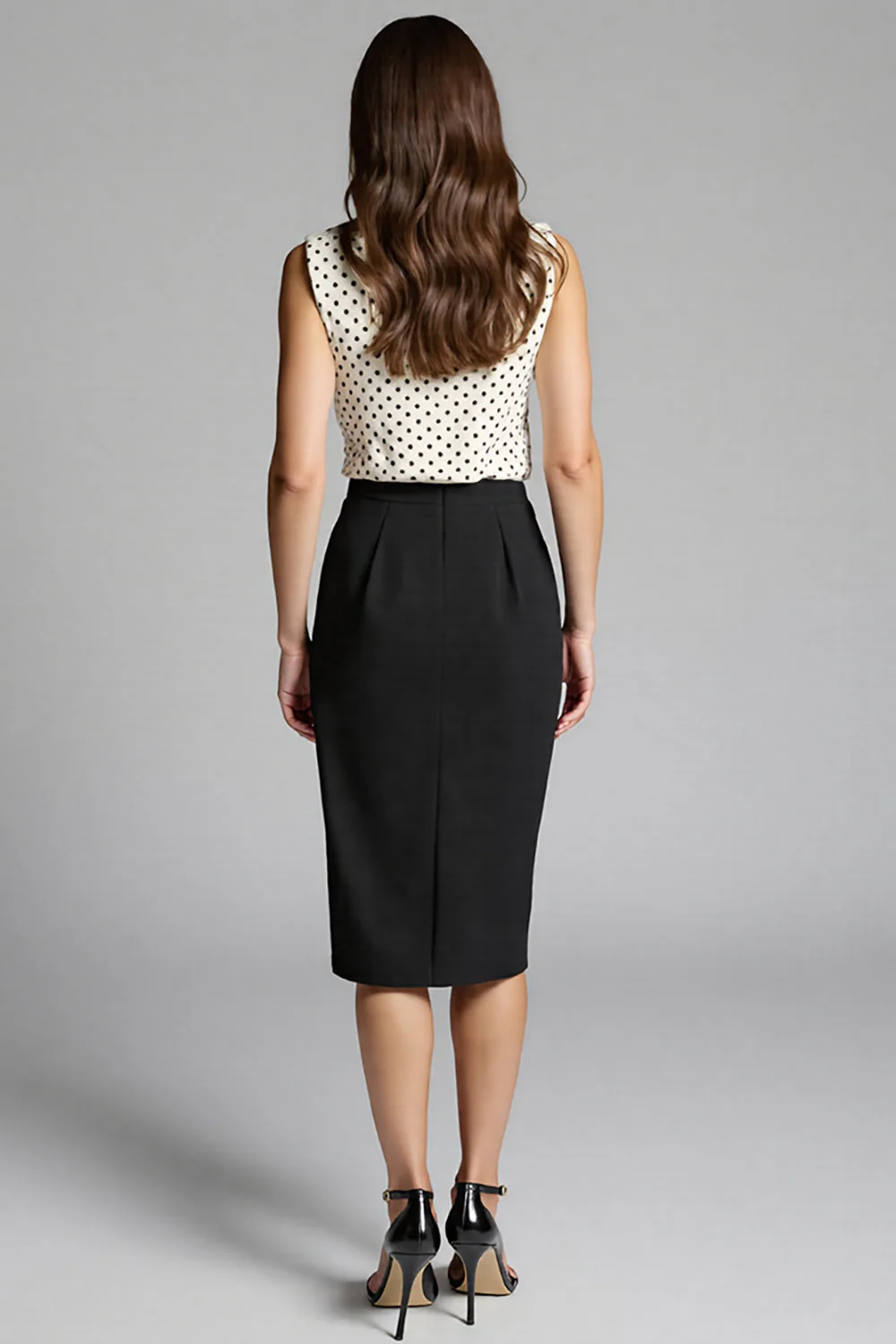 Czarno-biała satynowa sukienka robocza midi w kropki bodycon - Image 2