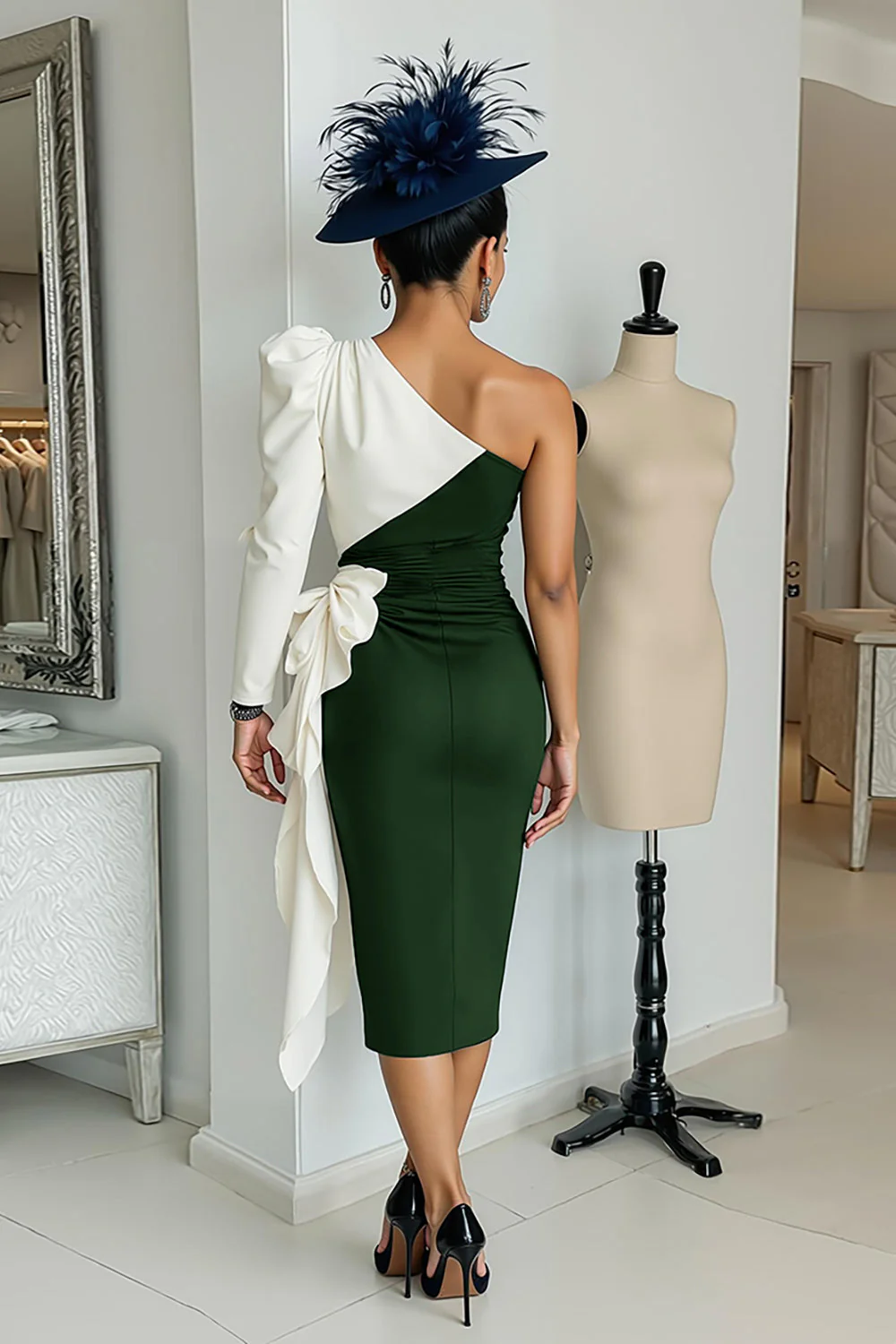 Czarno-biała sukienka bodycon midi na jedno ramię dla matki panny młodej z szarfą - Image 10