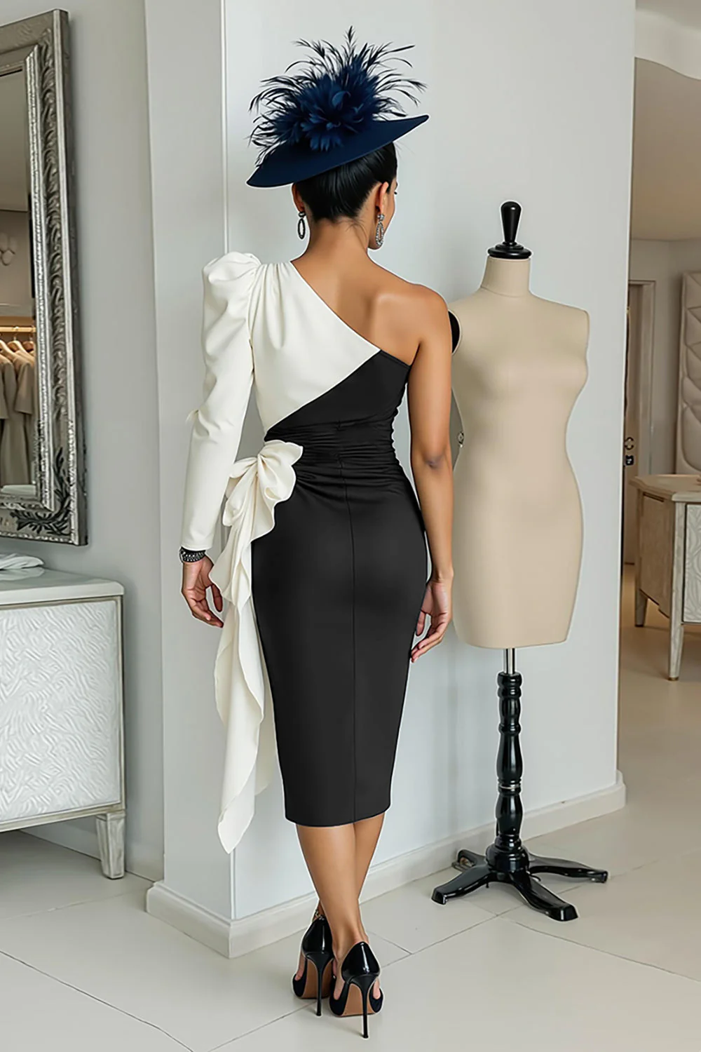 Czarno-biała sukienka bodycon midi na jedno ramię dla matki panny młodej z szarfą - Image 2
