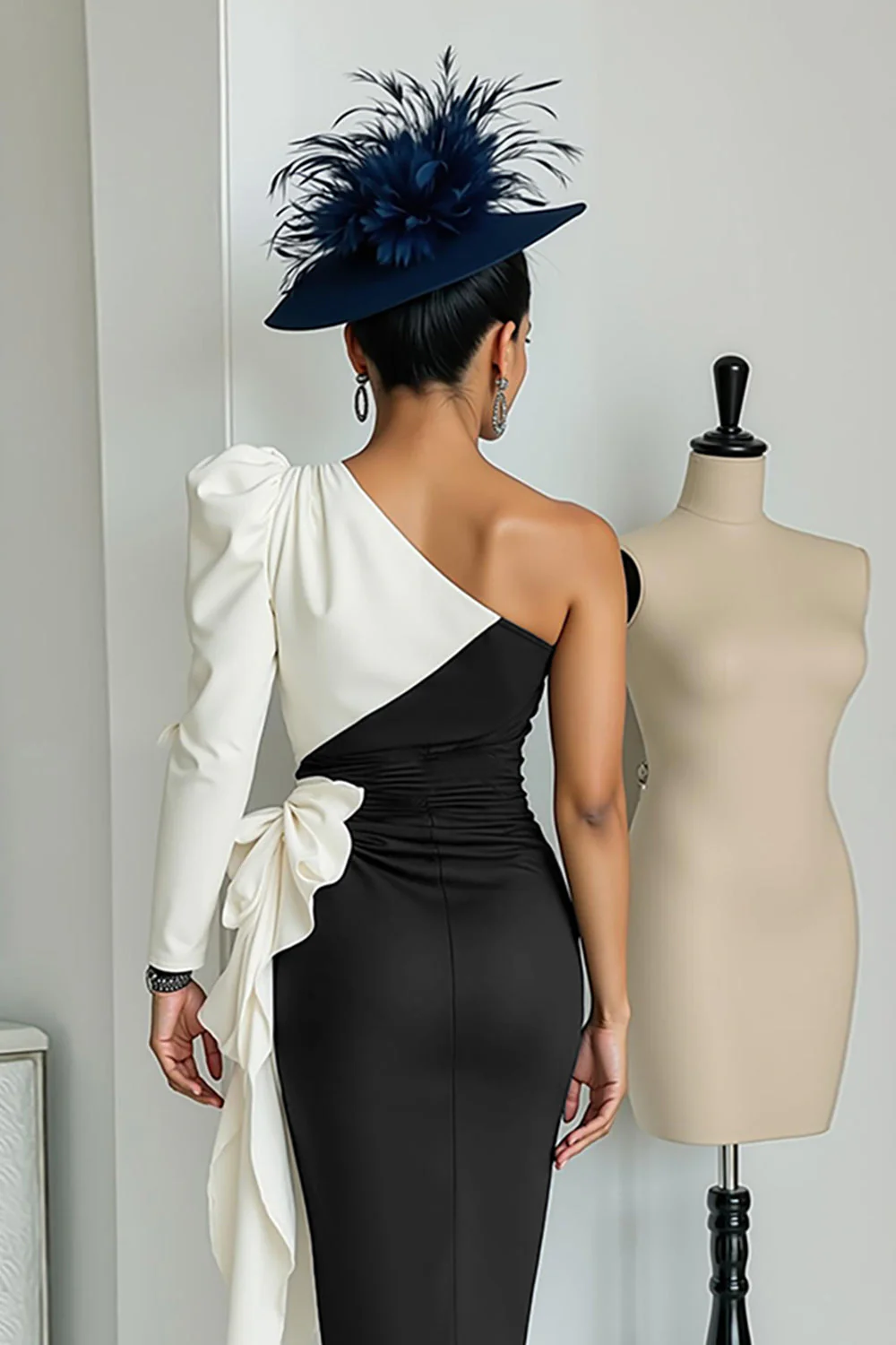 Czarno-biała sukienka bodycon midi na jedno ramię dla matki panny młodej z szarfą - Image 4